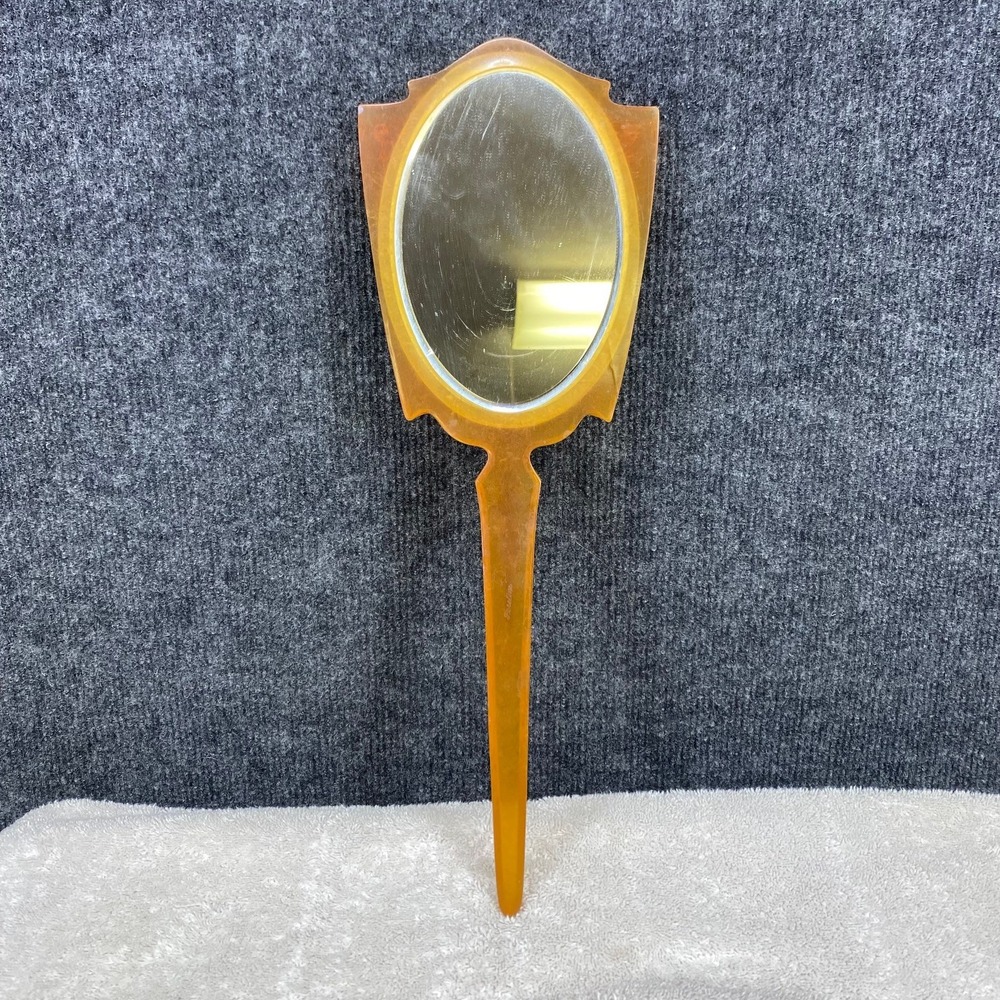 Vintage Amber Celluloid Hand Mirror Art Deco Faux Tortoise Floral Gold Detail